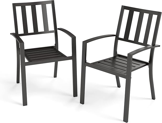 PHI VILLA Metal Outdoor Dining Chairs Set of 2 - Stackable Black Patio Chairs, 300lb Capacity (Stripe)
