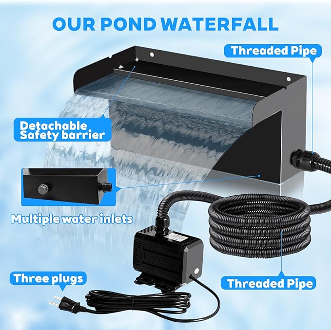 Upgraded Outdoor Pond Waterfall Kit with 50W Pump - 825 GPH Water Flow, 12.2 Inch Adjustable Waterfall Spillway & Extra Long Hose for Garden Ponds, Backyard Water Features