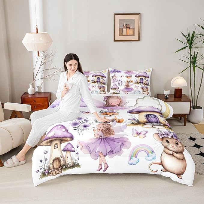 Erosebridal Purple Fairy Full Bedding Set - Mushroom Floral Butterfly Comforter Set for Girls Kids, Whimsical Fairies Garden Quilt | Flower Forest Theme Bedroom Decor with 2 Pillowcases