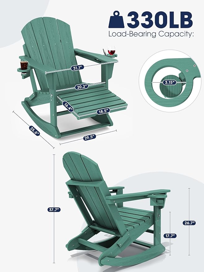 KINGYES Adirondack Rocking Chair with Retractable Ottoman and Cup Holders, HDPE Adirondack Rocker Patio Rocking Chair for Porch, Patio, Balcony, Leaf Green
