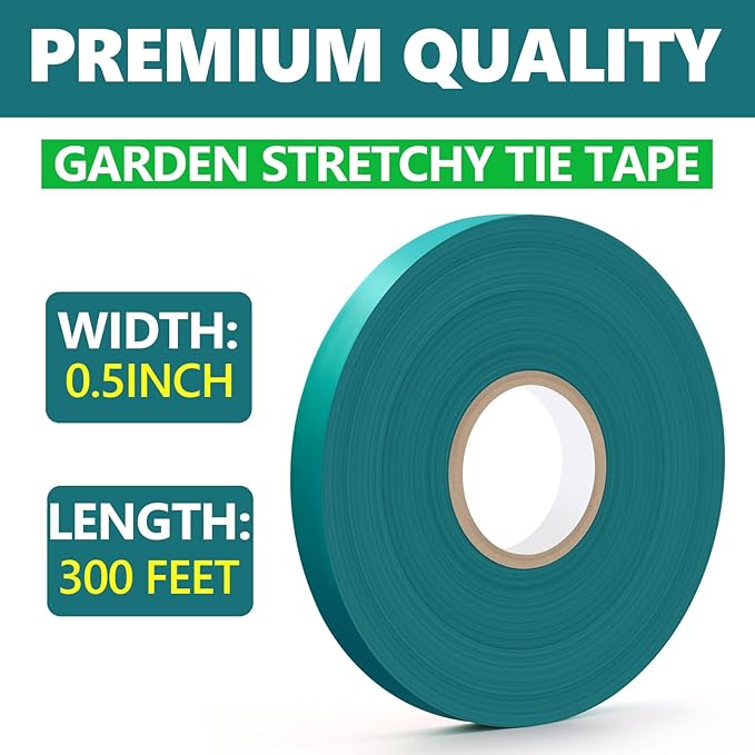 300 Ft Garden Tape Roll, 1/2" Wide Stretch Tie Tape Roll, Thick Sturdy Garden Tie Plant Ribbon Green Vinyl Stake Gardening Support Tools for Indoor Outdoor Patio Plant Use
