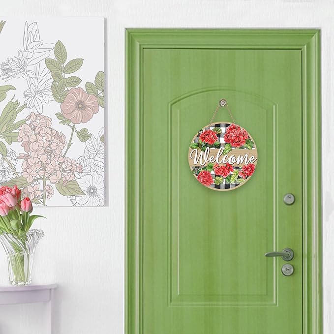 Deroro Welcome Spring Summer Geranium Flower Front Door Sign, Red Floral Buffalo Plaid Check Wood Door Hanger Outdoor Outside Porch Decor, Farmhouse Rustic Wooden Wreath Indoor Wall Hanging Decoration
