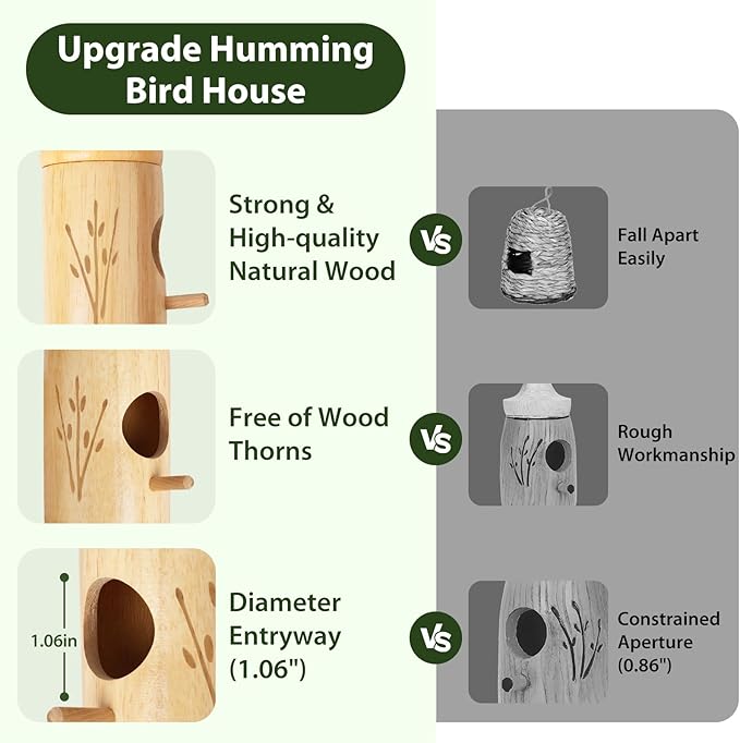 Hummingbird House, Wooden Hummingbird Houses for Outside Hanging, Humming Bird Nest Swinging, Wooden Bird Houses with Cotton, Bow, String, Gardening Gifts Decoration (3 Pack)