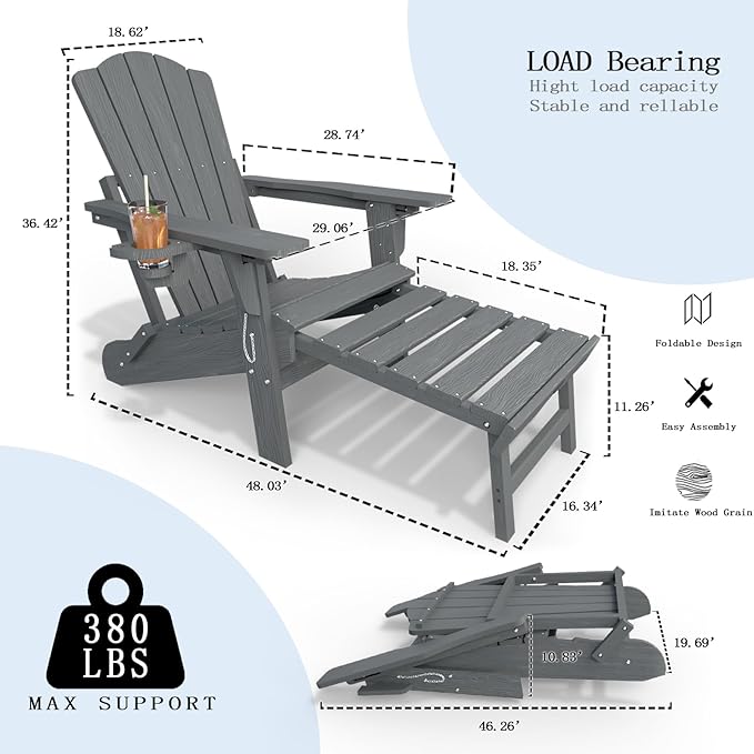 Folding Adjustable Adirondack Chairs with Ottoman & 1 Cup Holders Set of 8, HDEP Multifunctional Adirondack Chair with Footrest,Grey