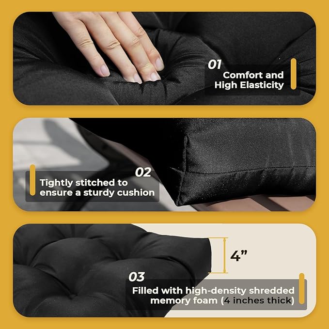 All Weather Wicker Chair Cushions of 3 Pieces, Waterproof Outdoor Wicker Chair Cushion for Patio Furniture Loveseat Settee Bench, 1 Loveseat and 2 U-Shaped Thickened Cushions, Black