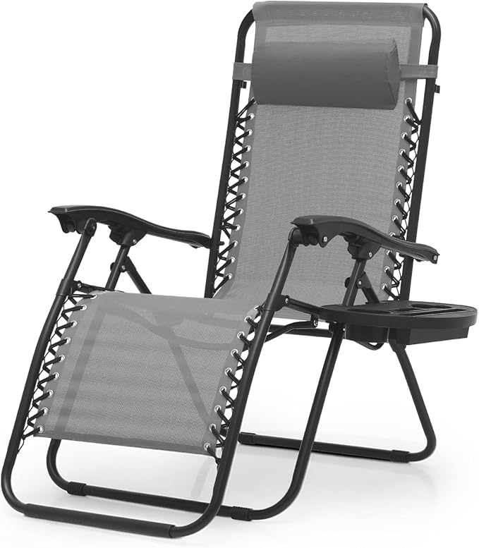 Magshion Zero Gravity Lounge Chair, Adjustable Folding Recliner with Cup Holder Side Tray & Removable Headrest Pillow, Portable Outdoor Patio Lounger for Camping, Beach, Lawn, Backyard, Grey