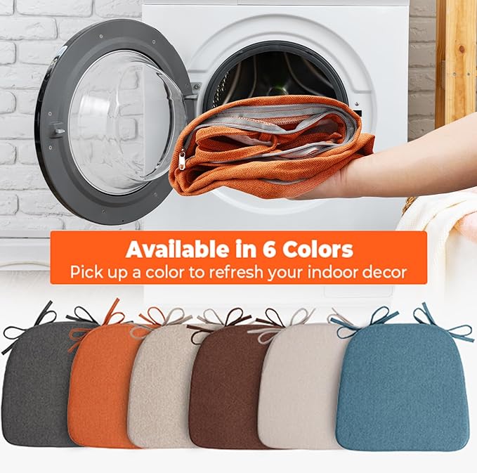 Chair Cushions for Dining Chairs, D-Shaped Seat Cushions with Removable Washable Cover and Ties, Chair Pads for Kitchen, Indoor Dining Room, Patio Chairs, 17'' x 16'', Set of 2, Orange