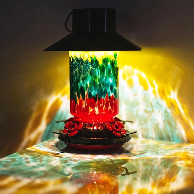 Muse Garden Gifts for Women Solar Hummingbird Feeders for Outdoors Hanging Ant and Bee Proof, Hand Blown Glass Lantern Garden Decor, Moms Birthday Unique, 28oz, Teal Yellow