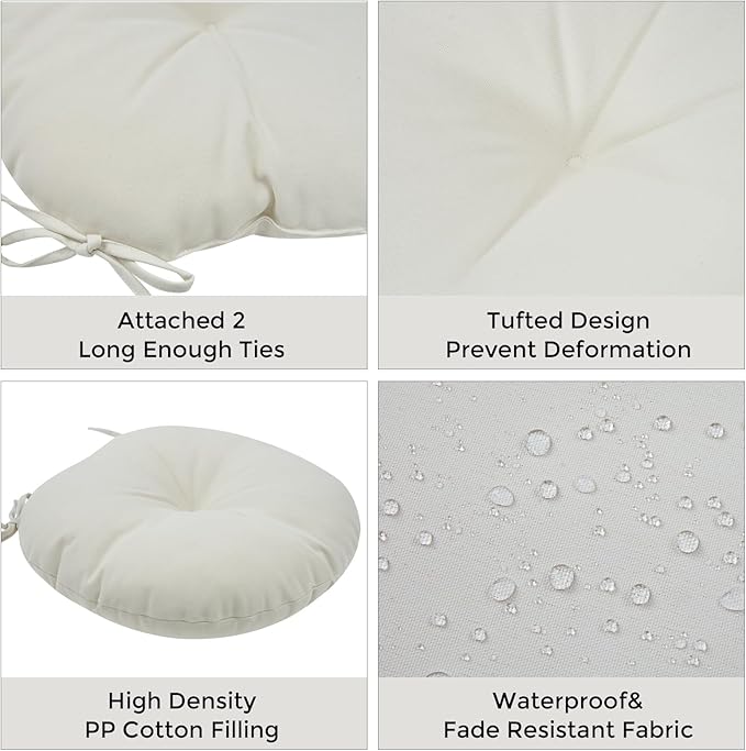 Bistro Chair Cushions 15 inch,Set of 2,Tufted Round Chair Cushions with Ties,15"x15"x4",Water Resistant Round Seat Cushion for Barstool Chairs,Patio Garden Kitchen Outdoor Furniture(Cream White)