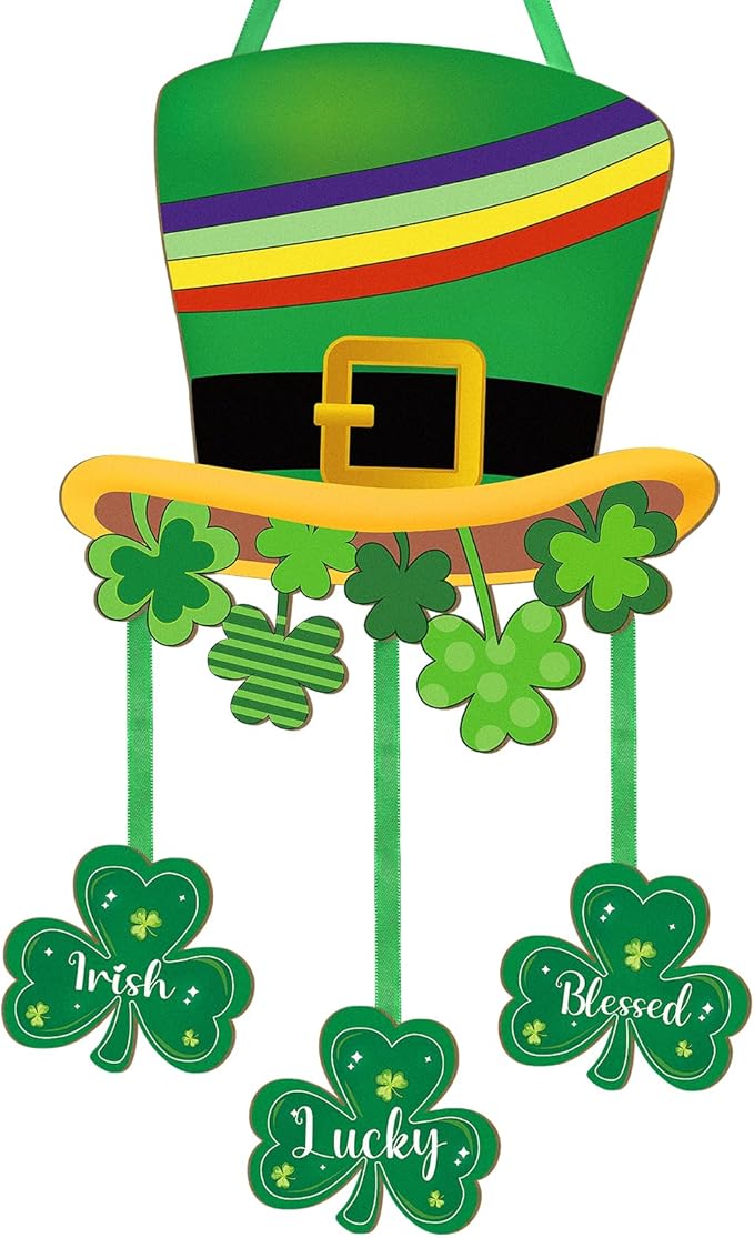 Wooden St. Patrick's Day Decoration Door Wreath for Front Door Sign Wall Signs Shamrock Clover Spring Decoration, Irish Sign Welcome Hanging for Home Wall Decor Party Outdoor Indoor Supply