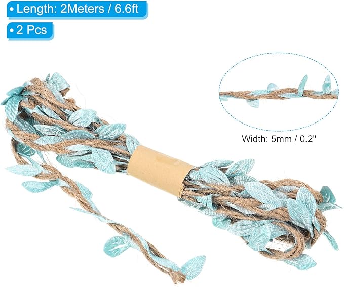 PATIKIL 6.6ft 5mm Burlap Leaf Ribbon, 2 Pack Braided Decoration Vine Natural Jute Rope Twine with Artificial Leaves for Jungle Wedding Party Home Garden Decor, Sky Blue