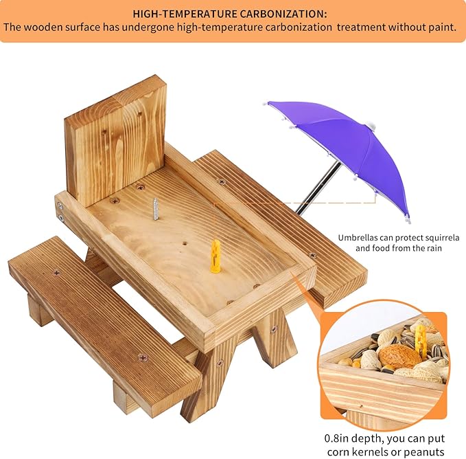 Gnodary Squirrel Feeder with Umbrella, Squirrel Feeders for Outside, Squirrel Picnic Table Feeder - Chipmunk Feeder Hold Corn, Corn Cob, Peanuts (Dark Purple)