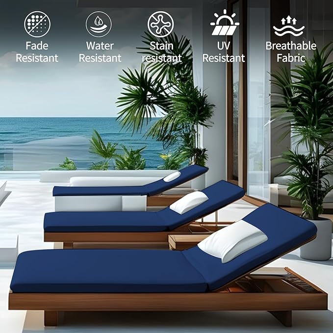 Outdoor Chaise Lounge Cushions for Patio, 71"x22"x3" Lounge Chair Cushions Set of 2, Waterproof Replacement Seat Cushions for Outdoor Furniture (Blue, 2 Pcs)