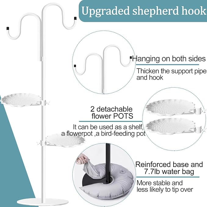 Upgraded 74" Shepherd's Hook Stand plant，Bird Feeder，White Wind Chime Hanger Stand, Waterproof Metal & Adjustable-Height Standing Pole Holder for Wreath, Indoor & Outdoor（2 Placement Racks