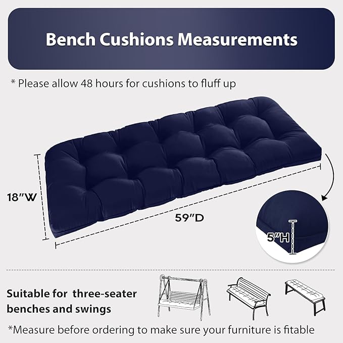 Tufted Bench Cushions for Outdoor Furniture, 59" x 18" Porch Swing Cushions Filled with Foam, Overstuffed Patio Cushions for Bench Loveseat with 2-3 Seats,Thick and Water Resistant, Navy