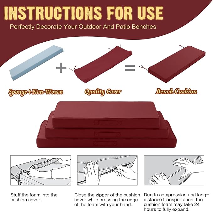 Outdoor Bench Cushion 4 inches Memory Foam Waterproof Patio Furniture Bench Cushion Porch Swing Cushion with Handle and Adjustable Strap, 42 x 18 Inch Burgundy