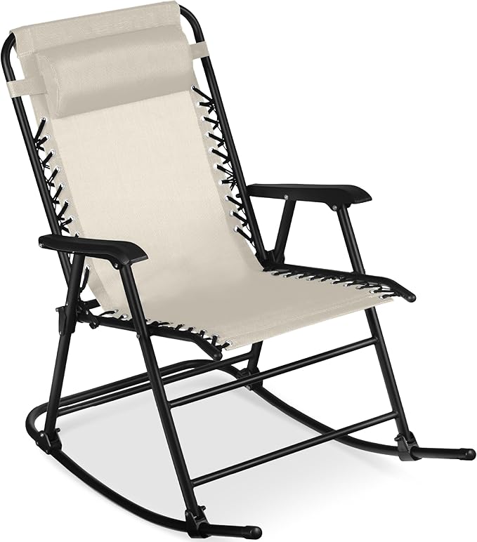 Best Choice Products Outdoor Folding Rocking Chair, Zero Gravity Lounge Chair, Patio Rocker w/Headrest Pillow - Ivory