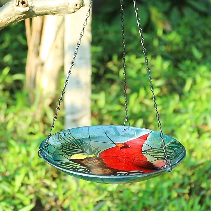 MUMTOP Hanging Bird Baths for Outdoors - Glass Bird Bath, 11 Inch Hanging Bird Bath Cardinal Bird Feeder Bowl for Outside, Garden, Lawn Yard Decor(Blue)