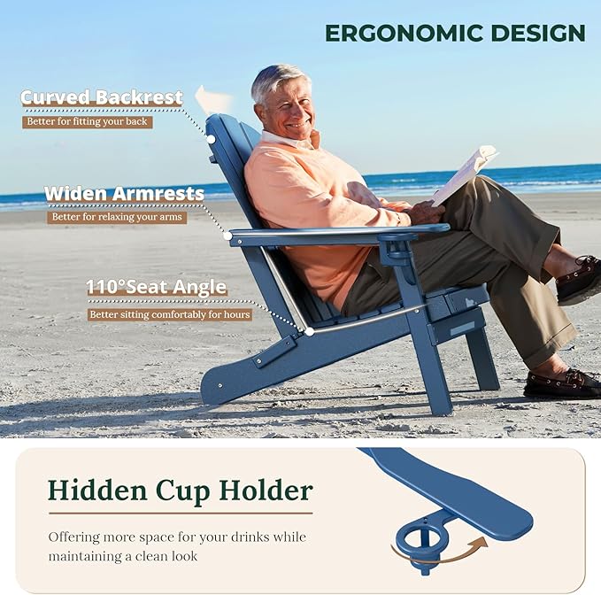 BRIOPAWS Folding-Adirondack-Chairs Set of 6 | HDPE Plastic | Fire Pit Chair | Cup Holder | Curved Back | All Weather | for Outdoor Backyard Deck Patio | Blue