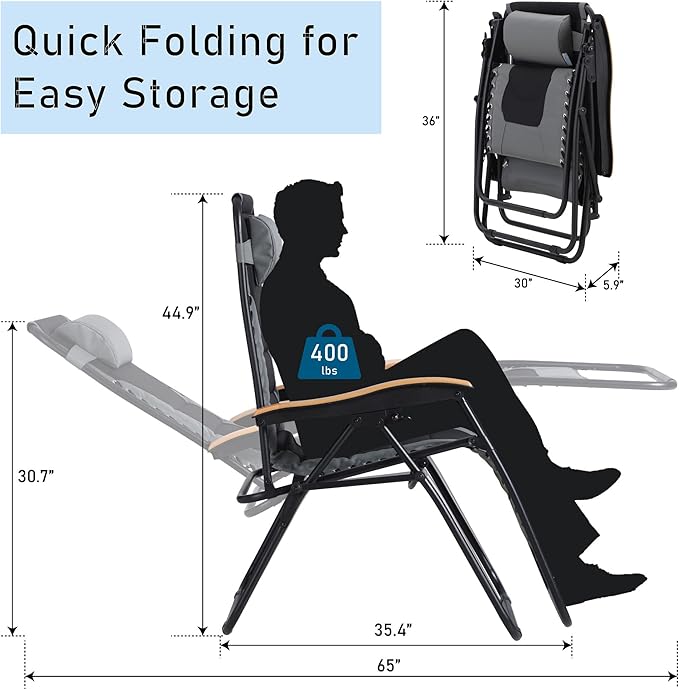PHI VILLA XXL Oversized Padded Zero Gravity Chair Set of 2, Foldable Patio Recliner, 30" Wide Seat Anti Gravity Lounger with Armrest and Cup Holder, Support 400 LBS (Grey)