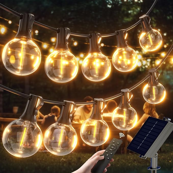 G40 Solar String Lights Outdoor with Remote 40 FT, USB & Solar Dual Charging, Waterproof, 8 Modes 3 Timers, 14+1 LED Shatterproof Bulbs, Dimmable Solar Light for Camping Backyard Bistro Porch Garden