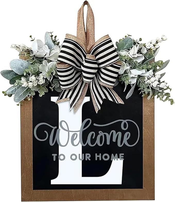 Last Name Front Porch Decor, Welcome Sign Wreath, Outdoor Decorations, 26 Letter Hanging for Door, Spring Wreaths, All Seasons Monogram (L)