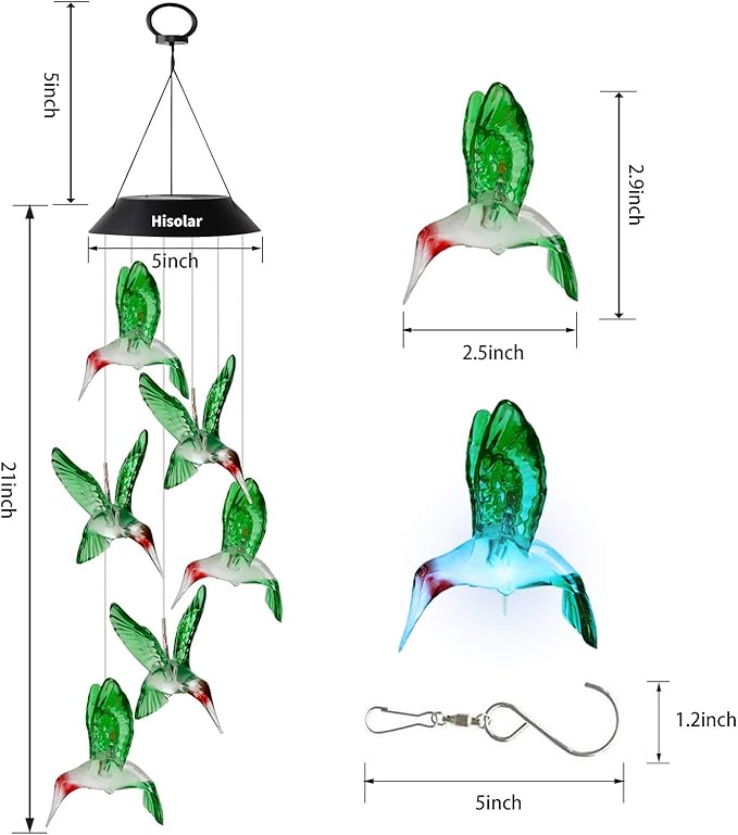 Hummingbird Solar Wind Chimes Outdoor Color Changing LED Solar Chimes Light Birthday Gifts for Women Garden Gifts for Mom Grandma Mothers Day Memorial Wind Chimes