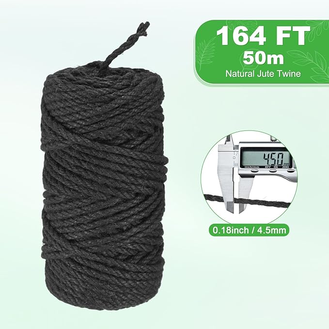 1-Pack Natural Jute Twine String, 4.5mm x 164ft/50m Long Garden Twine String for Crafts/Gift Wrapping/Gardening Plants, Durable Plant Ties Thick Rope [Black]