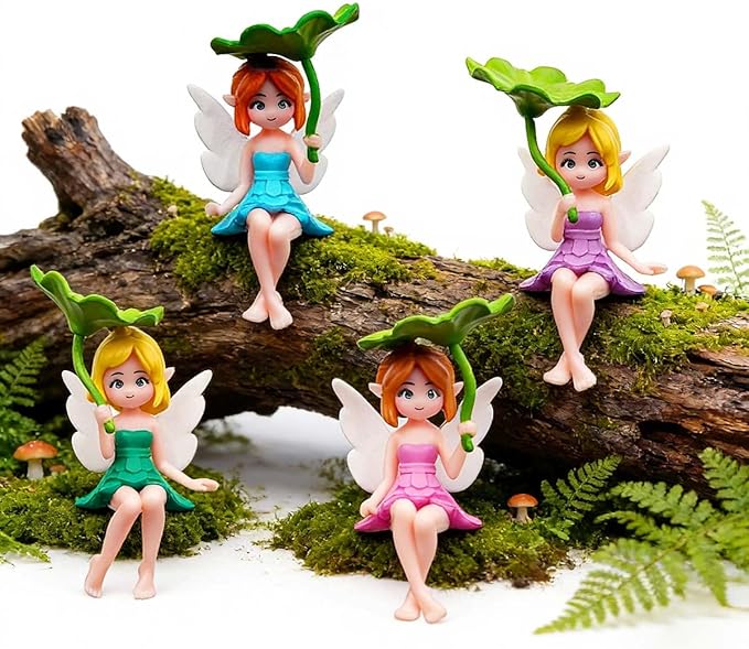 Miniature Fairy Figurines - 4Pcs Small Flower Fairies Ornaments Resin Mini Fairy Figurines Tiny Elf for DIY Fairy Garden Flower Pot Bonsai Micro Landscapes Craft Decoration Accessories (lotus leaf)