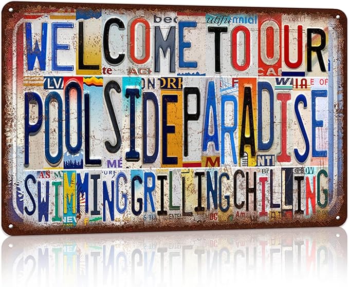 Vintage Welcome To Our Poolside Paradise Wall Decor Metal Sign Tin Signs - Swimming Grilling Chilling