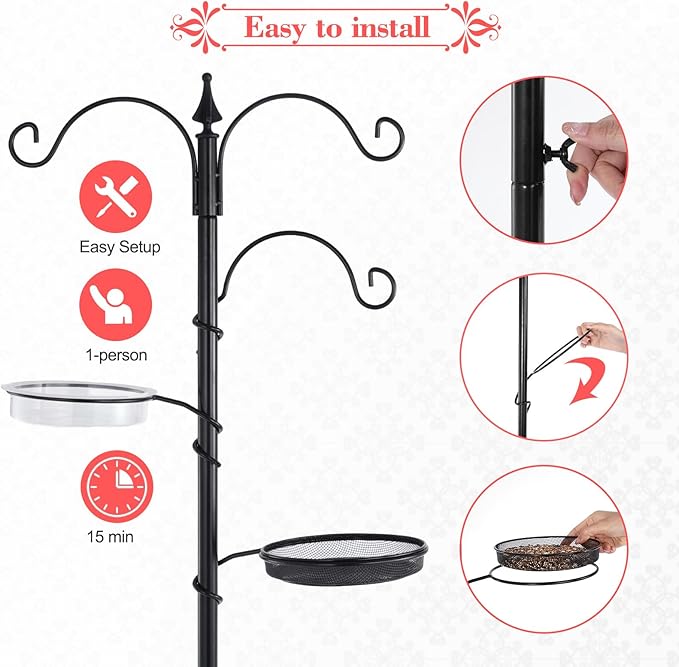 Backyard Expressions Bird Feeding Station Kit - 75" Bird Feeder Pole with 5 Prong Base and Stand for Outdoors - Black