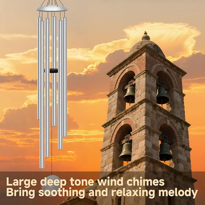 66" Extra Large Wind Chimes for Outside Deep Tone, 6 Thick and Bold Aluminum Tubes Tuned Relaxing Melody Wind Chime, Big Wind Chimes for Garden Patio Decor, Great Gift Idea for Mother's Day (Silver)