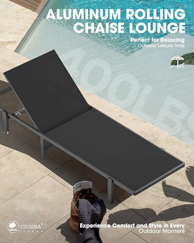 Pool Chaise Lounge Chair Set of 4, Outdoor Lounge Chairs with Wheels, 5-Position Adjustable Sun Loungers for Outside, Deck, Beach, Black
