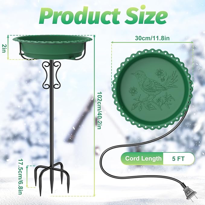 Heated Bird Bath for Outside Winter,100W Thermostat Control Birdbath Bowl with Metal 5-Prong Base,Freestanding Heated Bird Baths for Outdoors Garden Patio Yard Lawn (Green)