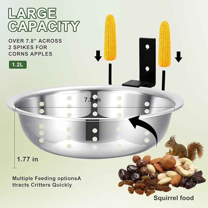 Metal Squirrel Feeders for Outside with Hanging Feeder (1-Rod), Squirrel House for Outdoor, Bowl Tree Mounted of Chipmunk Feeder, Food for Backyard Squirrels Hold Corn, Corn Cob, Peanuts (7.8Inch)