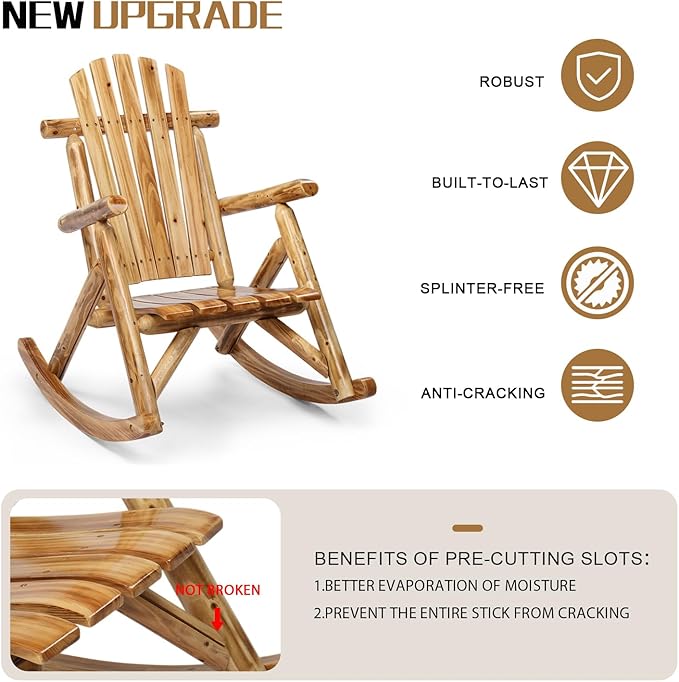 Outvita Wooden Rocking Chair, Fir Log Adirondack Rocker, Outdoor Wood Accent Furniture Lounge Chairs for Garden Patio Backyard Porch (Light carbonized)