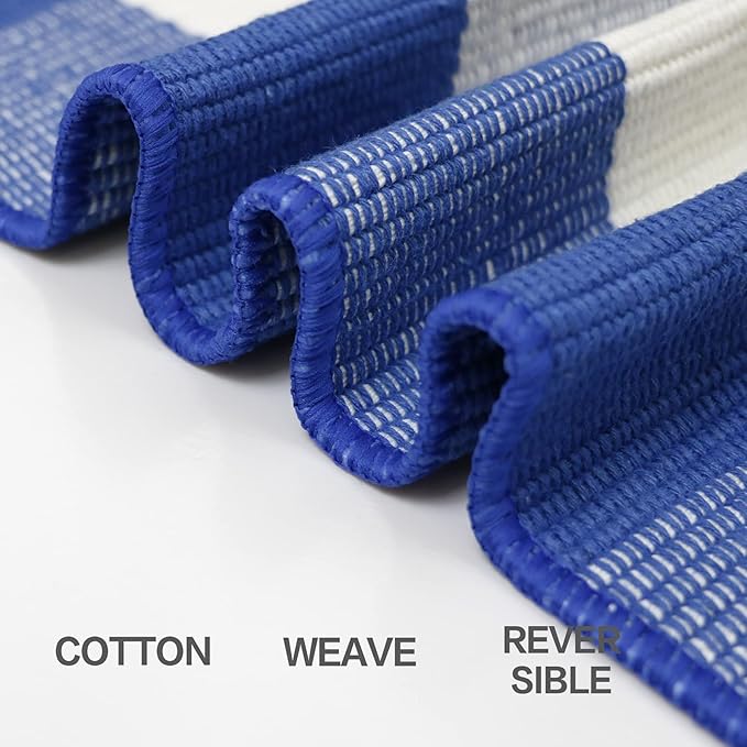 MUBIN Cotton Blue White Plaid Rug, 27.5''x 43'' Checked Outdoor Rug Front Door Decorative Mat, Hand-Woven Washable Reversible Foldable Rug for Front Porch, Entryway (43''L x 27.5''W, Blue White Plaid)