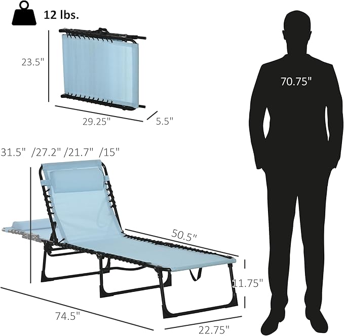 Outsunny Folding Chaise Lounge Chair, Patio Sun Tanning Chair, Outdoor Chaise Lounger with 4-Position Reclining Back, Breathable Mesh Seat for Beach, Poolside, Yard, Baby Blue