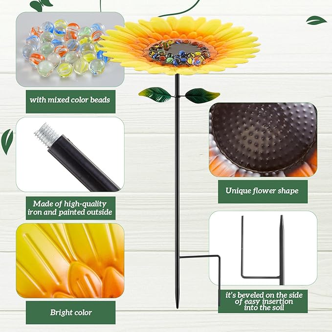 Tandefio Vivid Flower Bee Watering Station Metal Butterfly Water Feeder Cup with 30 Colorful Glass Marbles Bee Feeder Butterfly Bath Bowl for Garden Outdoor Yard Decors(Yellow Red,Sunflower)