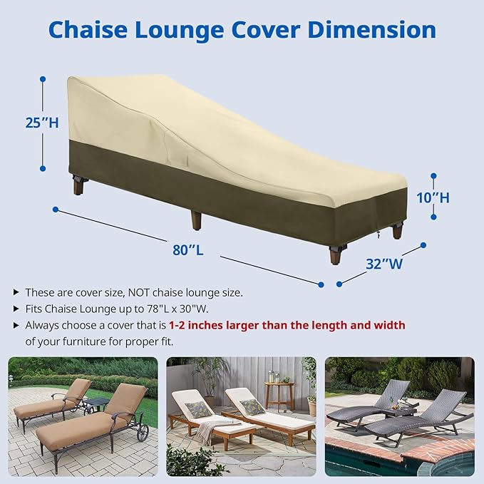 SunPatio Chaise Lounge Cover Outdoor Waterproof, Heavy Duty 2 Pack Patio Lounge Chair Covers, UV & Rip & Fade Resistant, All Weather Protection, 80"L x 32"W x 25"H, Beige & Olive