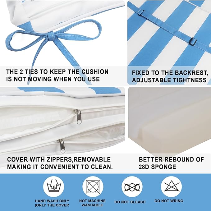 Only choice 2 Pieces Set Outdoor Lounge Chair Cushions Patio Chaise Lounge Replacement Cushions Furniture Seat Cushions (Sky Blue White Striped)