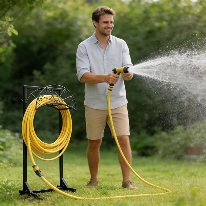 Garden Hose Holder with Stable Base and Tool Hooks, Heavy-Duty Metal Hose Hanger Garden Hose Storage Holds 151Ft Hose, Rustproof Freestanding Water Hose Rack for Yard, Lawn