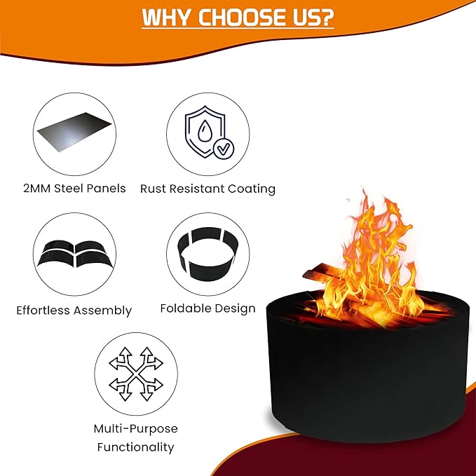 SIMOND Store Portable Fire Pit Ring Liner - 24" X 12" No Bottom 2mm Heavy Duty Steel Round Fire Pit Insert - Above or In-Ground DIY Fire Ring Insert for Outdoor Garden, Patio, Camping & Bonfire