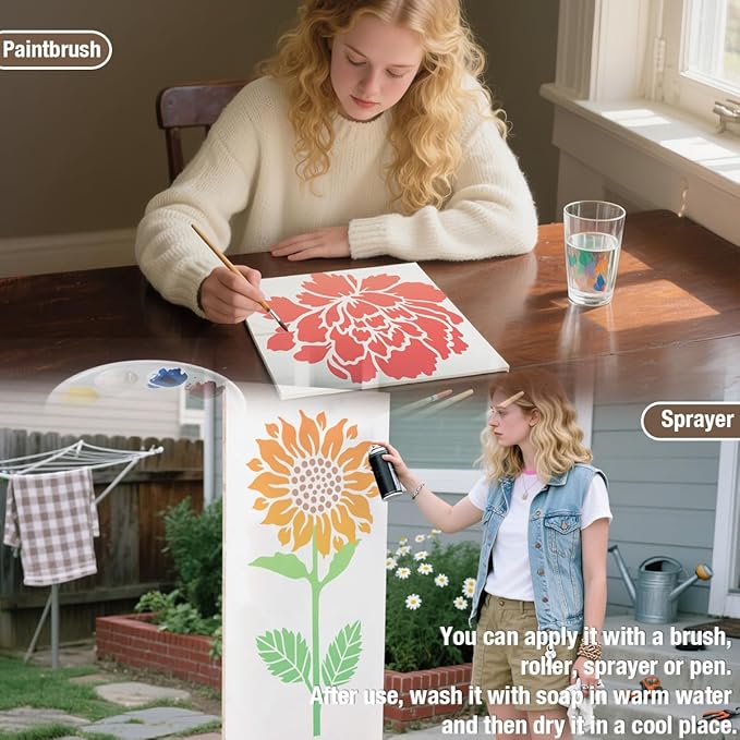 CeeVian Large Flower Stencils for Painting 9 Pieces Floral Templates Reusable Flower Stencil Wildflower DIY Art Stencils for Outdoors Garden Walls Lace Home Canvas Furniture Paper
