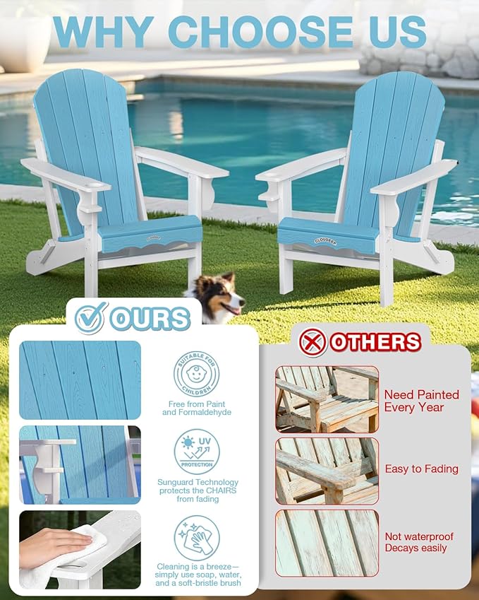 Folding Adirondack Chair –Recyclable HDPE Outdoor Adirondack Patio Chair with Cup Holder, Wood Texture & Umbrella Hole, 25-Year Fade-Free All Weather for Fire Pit, Porch, Poolside, Deck, Aruba & White