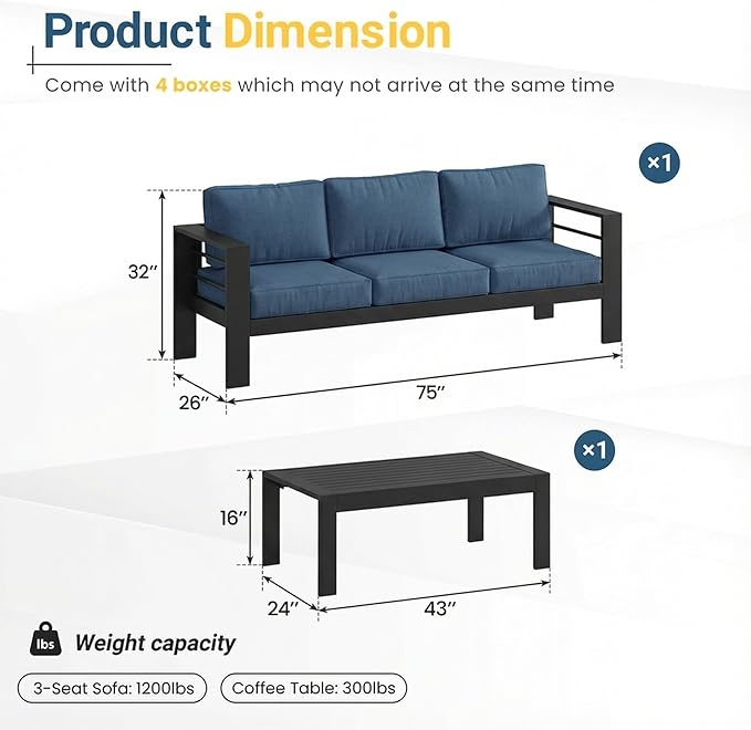 Solaste Aluminum Patio Furniture Set for All Weather, Oversized Metal Outdoor Furniture Set with 27.5" Deep Seating and 3.2" Wide Armrest, Outdoor Patio Sofa with 10" Back Suport Cushion