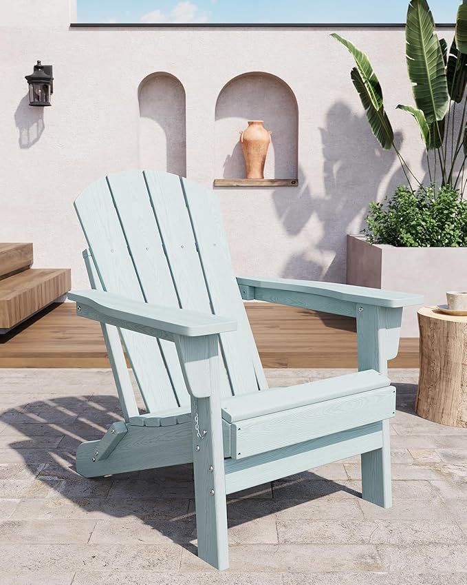 GarveeLife Folding Adirondack Chairs Set of 2, HDPE Plastic Outdoor Chairs with Wood Texture - 380 LBS & Weather Resistant for Fire Pit, Deck, Patio, Pool, Backyard - Light Blue