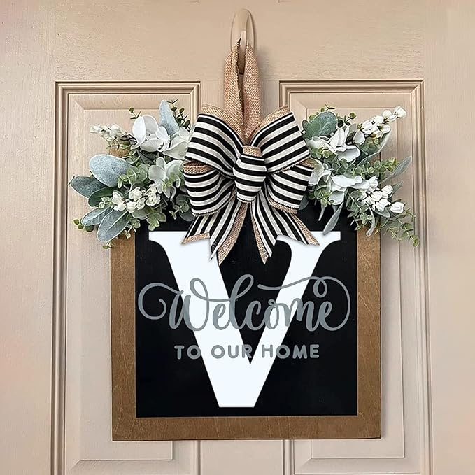 Last Name Front Porch Decor, Welcome Sign Door Wreath, Outdoor Decorations, 26 Letter Hanging Monogram (V) for All Seasons