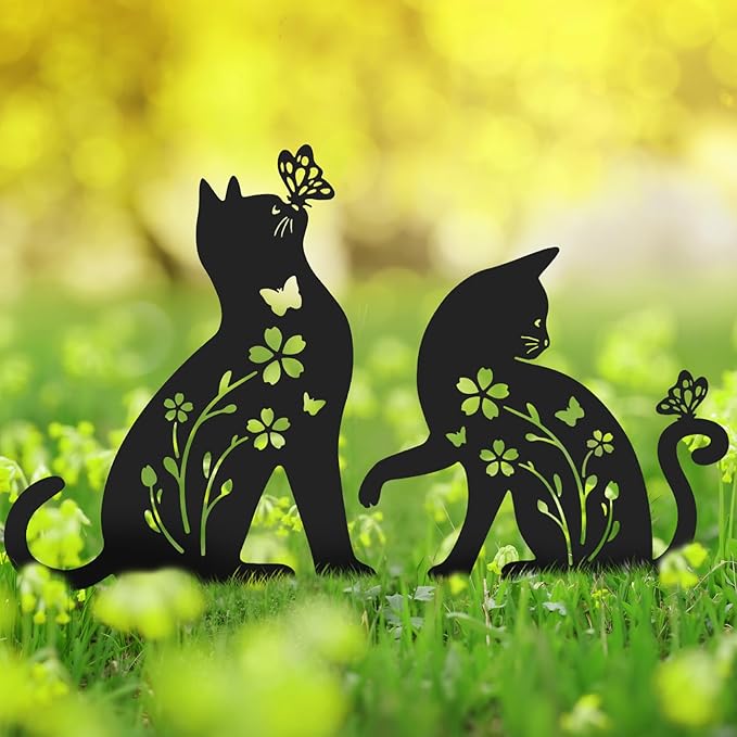 2 Packs Cat Garden Decor for Outside, Cat Gifts for Women/Men/Mom/Grandma, Metal Decorative Garden Stakes for Outdoor Lawn Statues Yard Art