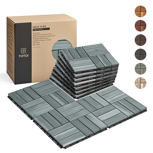 10 Pcs Deck Tiles, Patio Flooring - Outdoor Waterproof Acacia Wood Tiles for All Weather Use - Balcony, Backyard, Indoor & Outdoor (Grey Crossed Pattern, 10 Square Ft)
